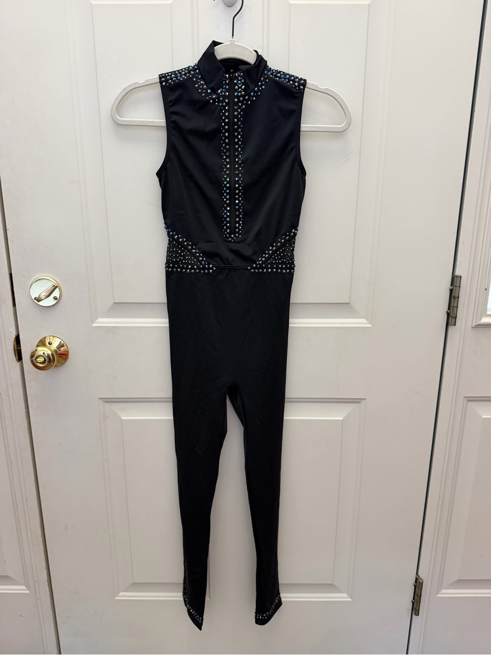 Black Sleeveless one piece costume with blue/purple AB rhinestones